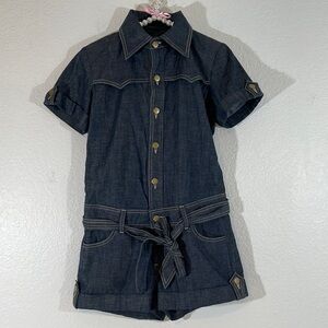 K.ROQUE Shorts Romper Button Up Front Dark Blue Denim Short Sleeve With Pockets